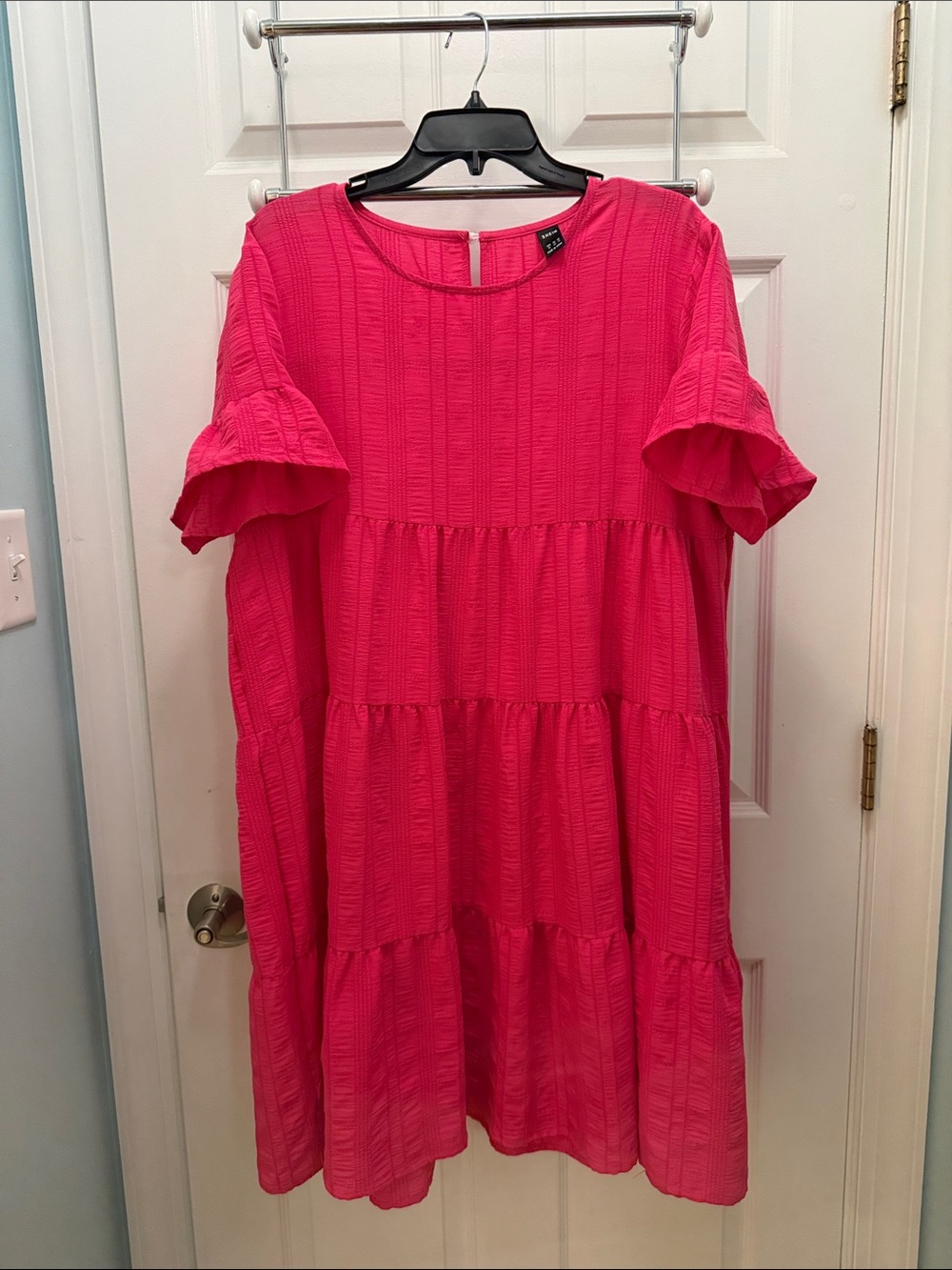 SHEIN Hot Pink Textured Ruffle Sleeve Dress